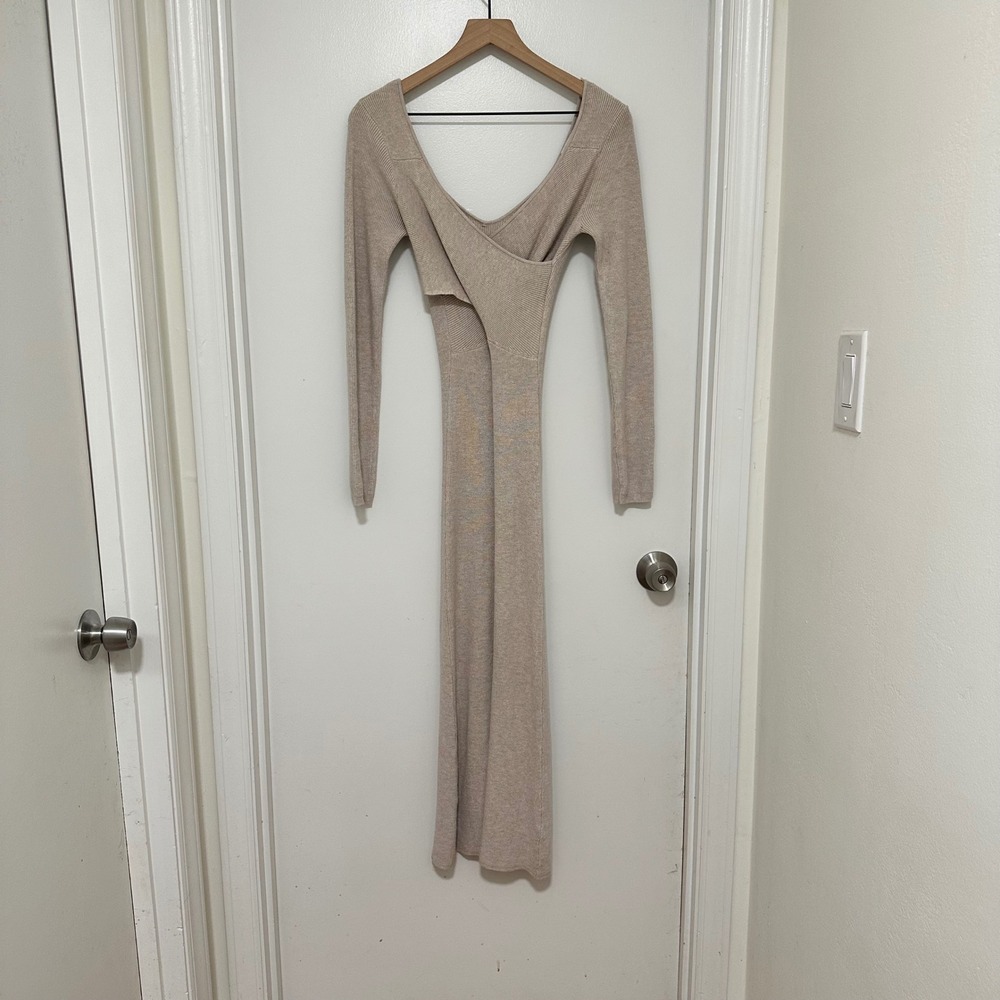 Freshman 1996 | Women's Oatmeal Beige Ribbed Knit Wrap Midi Dress, Size XS